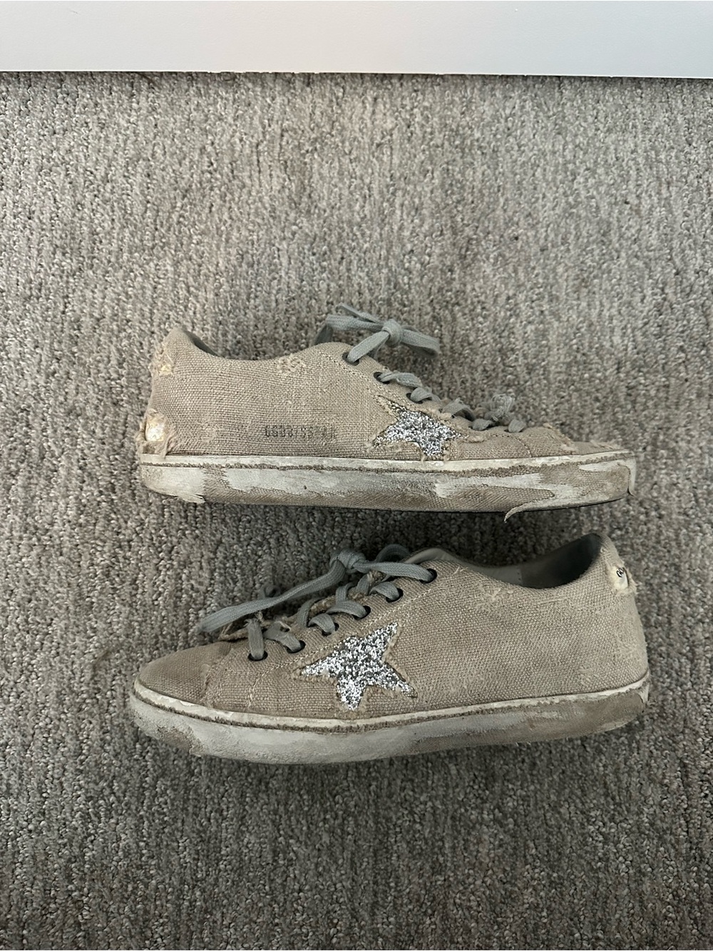 Golden Goose Linen Sneakers with Silver Glitter Star